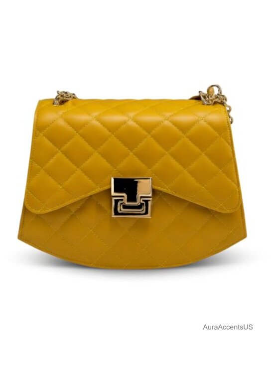 Handbags - Quilted Vegan Leather Crossbody Bag with Gold Chain Strap